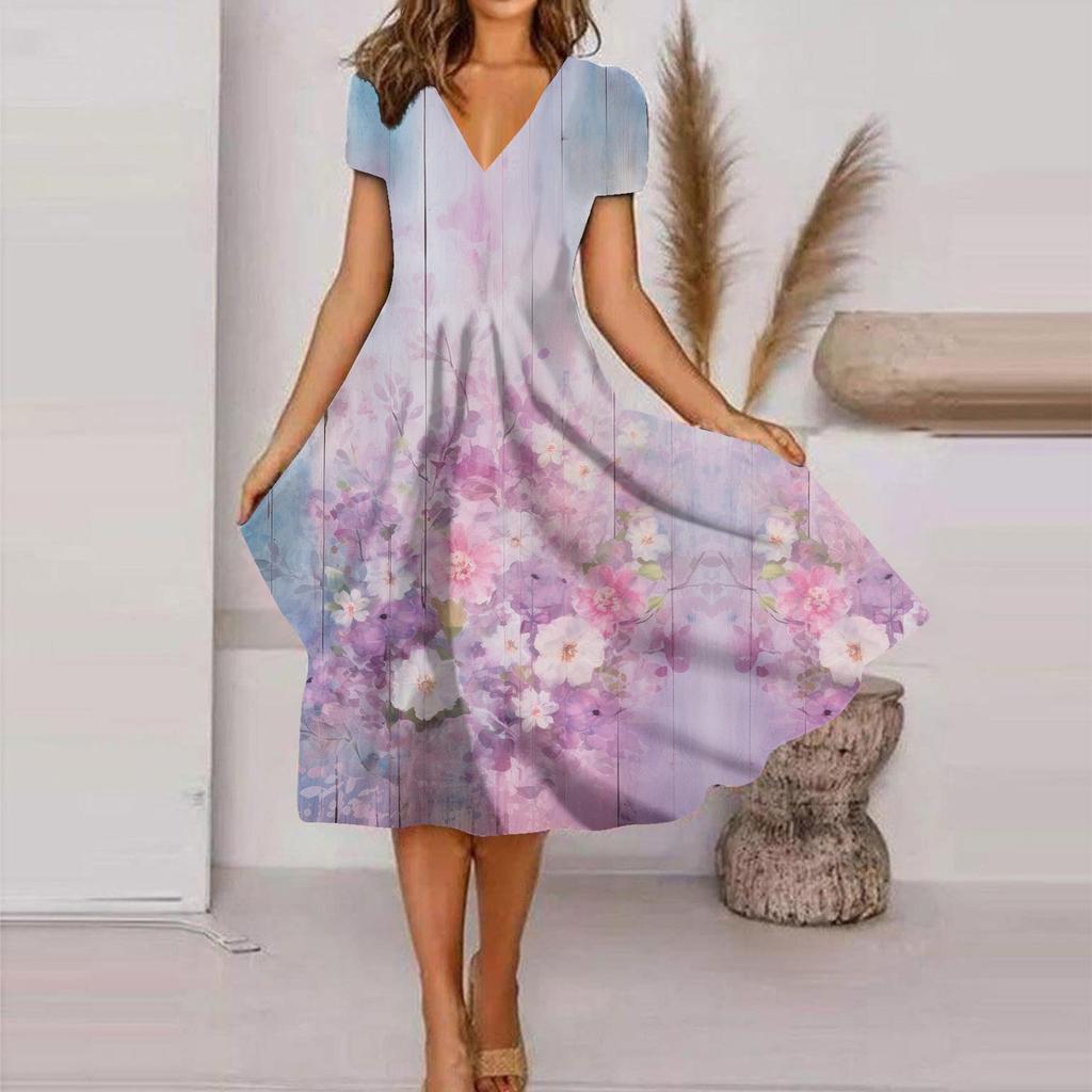 Sommer-Freizeitkleider für Damen, kurzärmeliges Swing-Sommerkleid, T-Shirt-Kleid mit Blumendruck