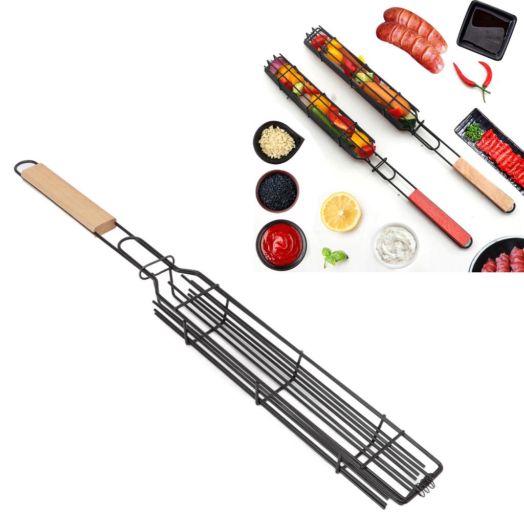 Kabob Grilling Baskets Lockable Iron Kebab Grill Grate with Wooden Handle for Grilling Vegetables Hot Dog Meat