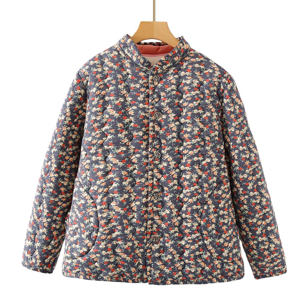240 Jin Plus Size Velvet-Lined Cotton Jacket for Autumn/Winter - Stand Collar, Loose Fit for Middle-Aged & Elderly Women