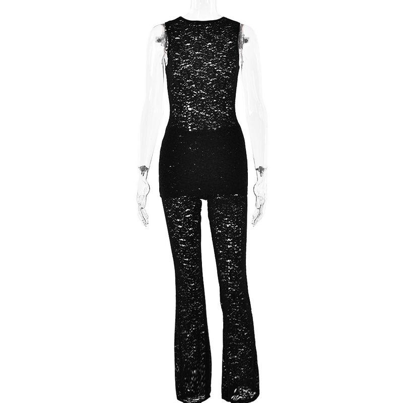 

Elegant Sexy Lace Micro Transparent Pure Desire round-Neck Long Hip-Wrapped Sleeveless High-Waisted Boot-Cut Pants Slim Fit Two-piece Set Fashion Black L