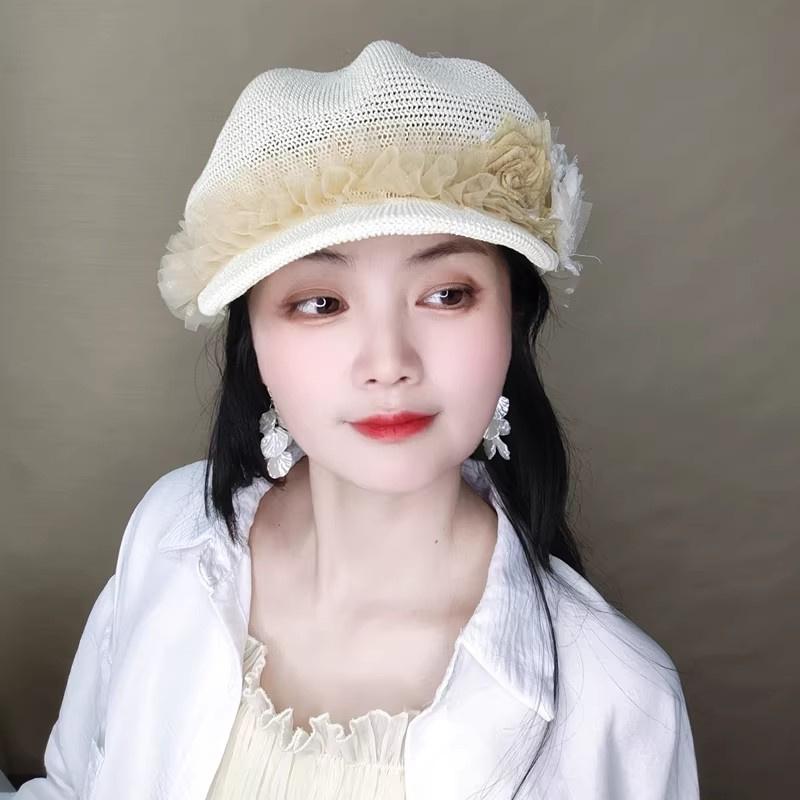 202604-shi Chic Designer Summer Lace Rose Flower Ventilate Polyester Lady Octagonal Cap Women Leisure Painter Hat