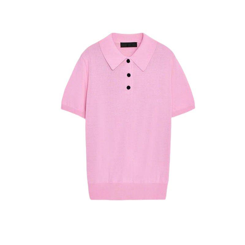 Fall New Women's Clothing French Breasted Decoration Short-Sleeved Knitting Polo Shirt Collar Casual Tops 2142019
