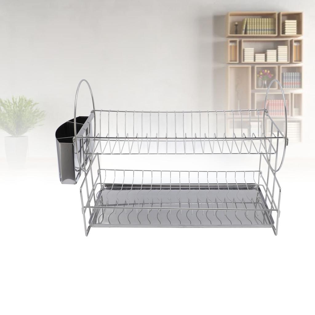 2 Tier Dish Drying Rack Stainless Steel Double Layers Dish Drainer with Cutlery Holder for Kitchen Storage