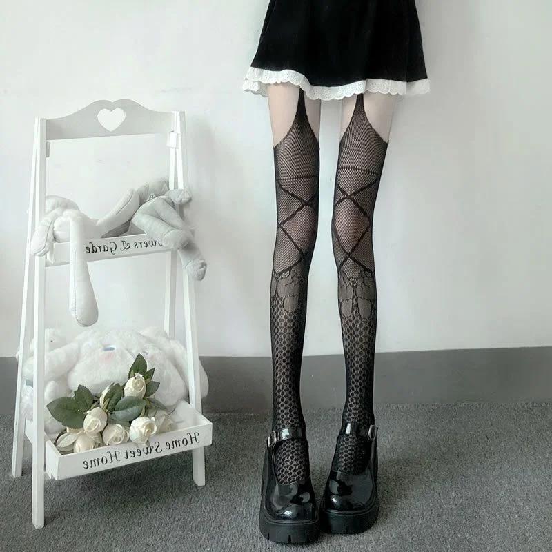 Sexy Hot Girl Jk Long High Knee Torn Fishnet Stockings Over The Knee Socks Women Black Garter Socks Nylon Mesh Ripped Pantyhose