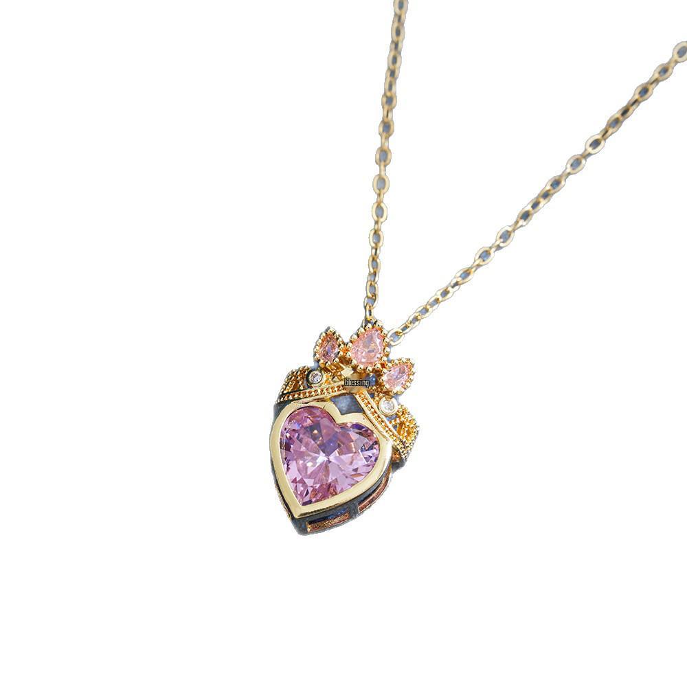 Pink Crown Heart Necklace with Titanium Steel Clavicle Chain - Elegant and Versatile Design.