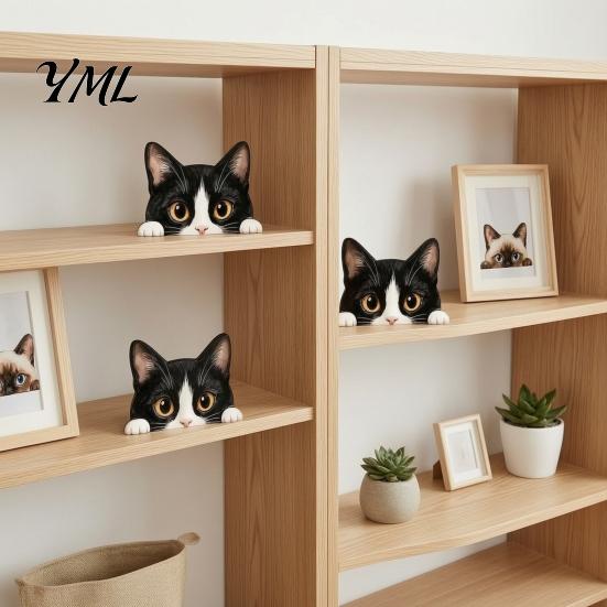 Cute Cat Theme Room Decor Shelf Sitter Ornament, Wooden Peeking Kitten Figurine, Desk 2D Flat Decorative Statue for Desktops And Bookshelves