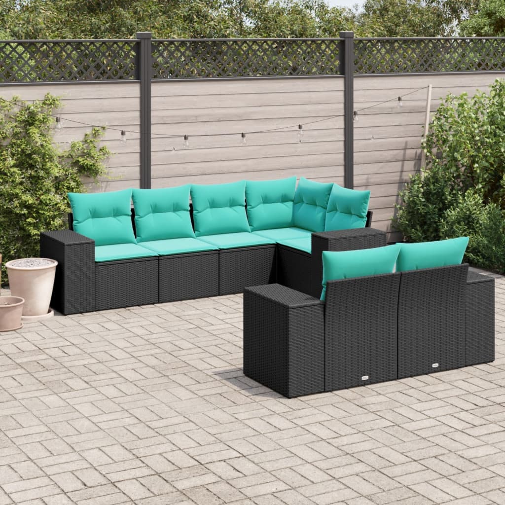 7 Piece Garden Sofa Set with Cushions Black Poly Rattan