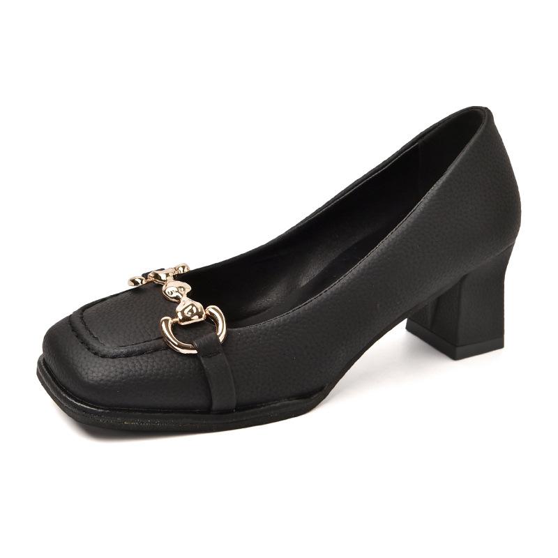 French square head metal buckle women's fashion shoes spring 2024 new outer wear temperament light mouth thick heel women's shoes