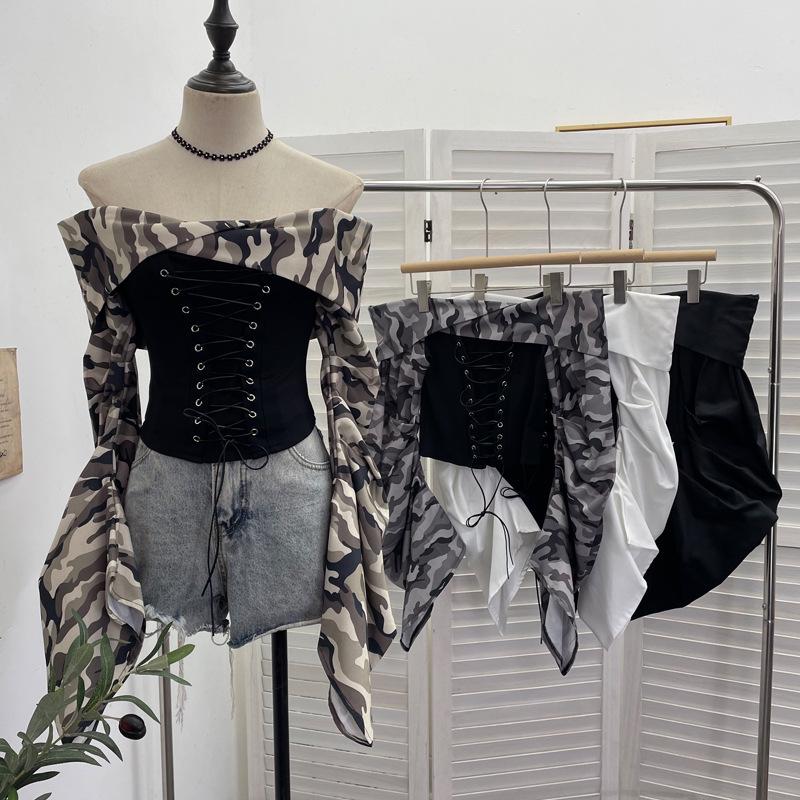 American Retro Camouflage Lace-up Pleated Shirt