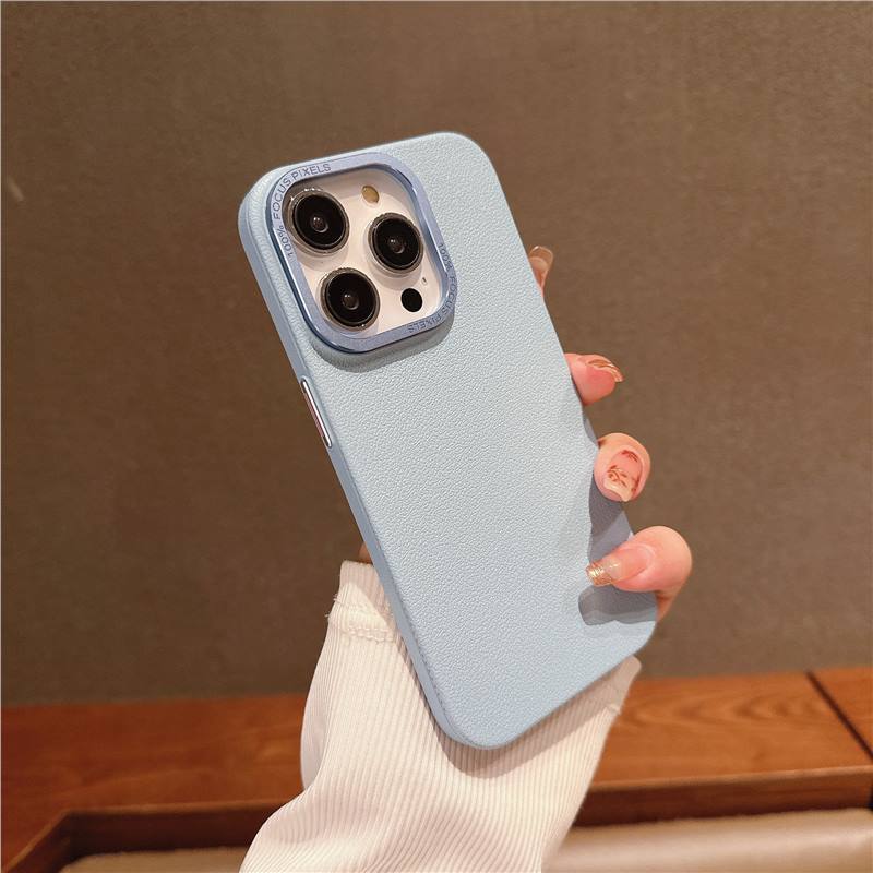 Lychee leather texture is suitable for iPhone 16 Pro Max case metal buttons, iPhone 17 Simple 13 protective case 15