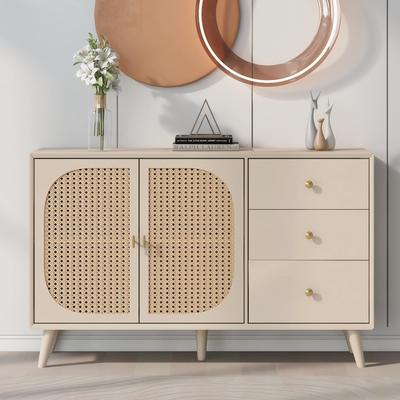 Chest of Drawers 3 Drawers 2 Doors, Rattan Sideboard Made of Wood, Highboard TV Table Lots of Storage Space, & Living Rooms & Office, Off-white, 120 X 40 X 82.5 Cm