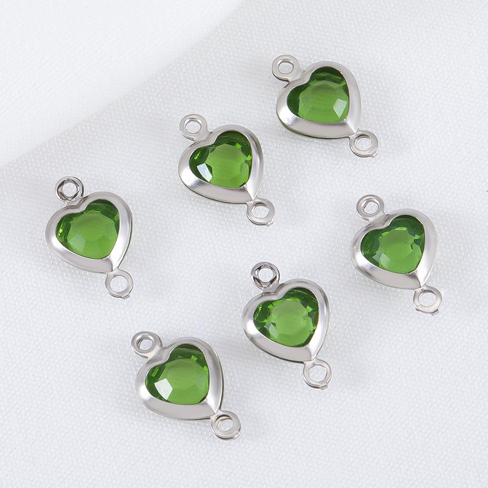 10pcs 7.5mm Stainless Steel Double Hole Heart Pendant Colorful Crystal Charms Connector for DIY Necklace Bracelet Jewelry Making