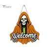 Front Porch Decor Halloween Skeleton Welcome Sign, Spooky Wooden Grim Reaper Shaped Door Rustic Hanging Sign Hanger, Horror Wall Plaque for