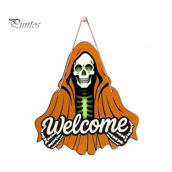 Front Porch Decor Halloween Skeleton Welcome Sign, Spooky Wooden Grim Reaper Shaped Door Rustic Hanging Sign Hanger, Horror Wall Plaque for