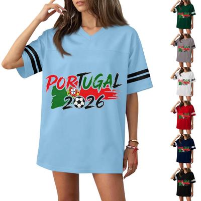 Casual V-hals Dames T-shirt in Voetbalshirt Stijl, Korte Mouwen, met Vlag en Voetbalprint voor Sport en Vrije Tijd