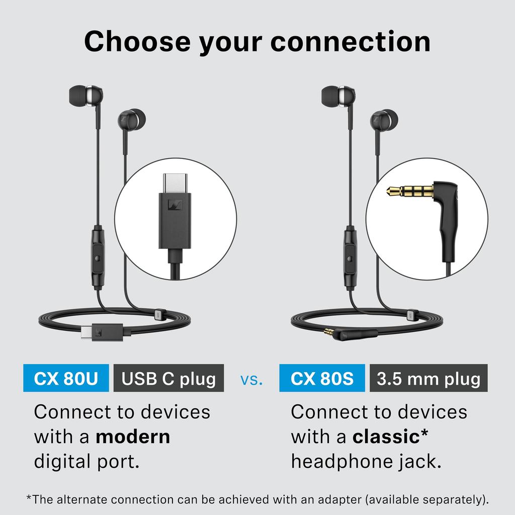 Sennheiser CX 80U Wired with Remote Lightweight Design Earphones, Dynamic, In-Ear, In-Line & Microphone, USB-C,