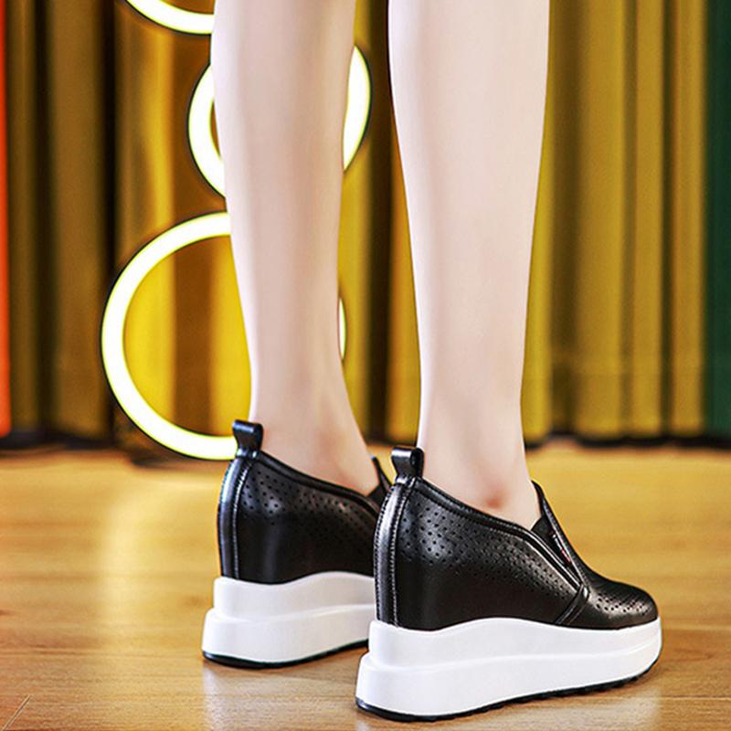 Fashion Spring Summer Genuine Leather Shoes Women Fashion Sneakers Ladies Flat Platform Height Increasing 10cm Black White Shoes D401