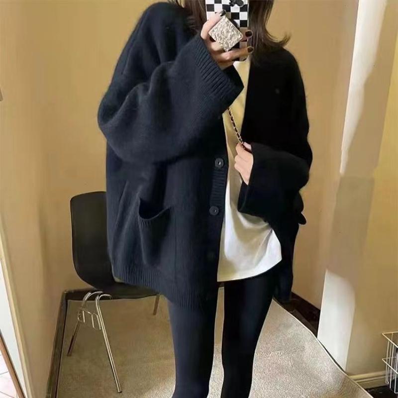 Cardigan elegant cu decolteu în V, toamnă-iarnă 2024, model albastru, tricotat