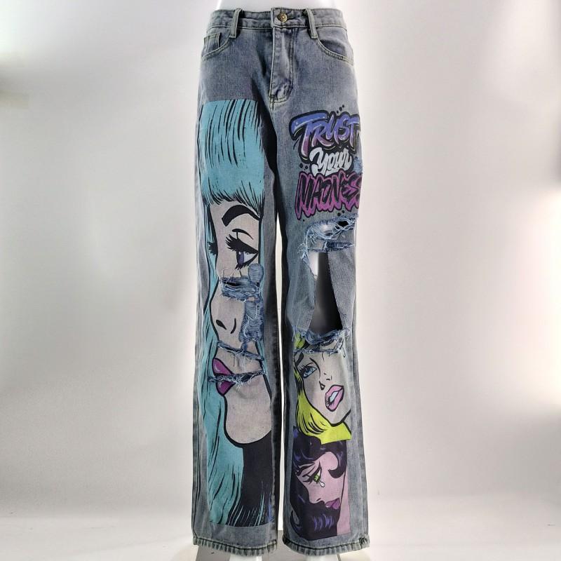 High Street Style Printed Baggy Wide Leg Jeans Hip Hop Cartoon Graphic Denim Trousers Streetwear