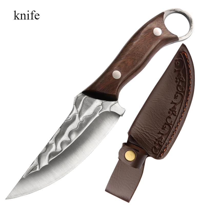 Ring Knife Kitchen Hand Knife Meat Knife Fruit Knife Barbecue Eating Pig Beef and Mutton Knife Portable Knife with Wooden Handle