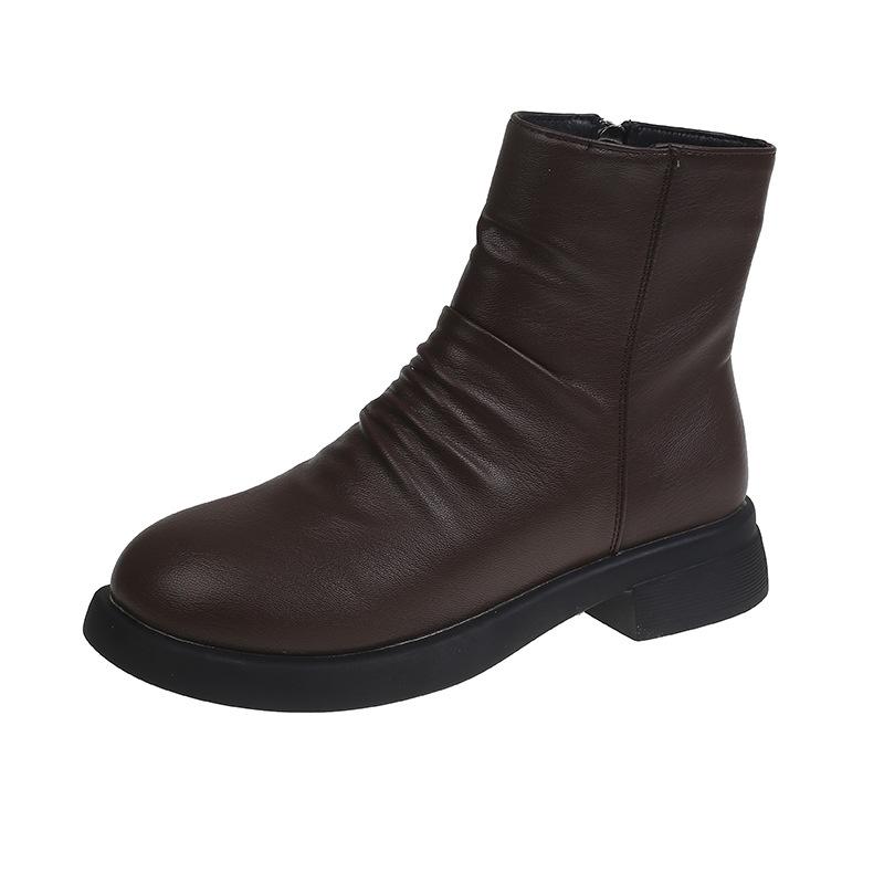 Korean version pleated elastic soft leather Martin boots women's thick-soled versatile single boots non-slip rear zipper thin short boots