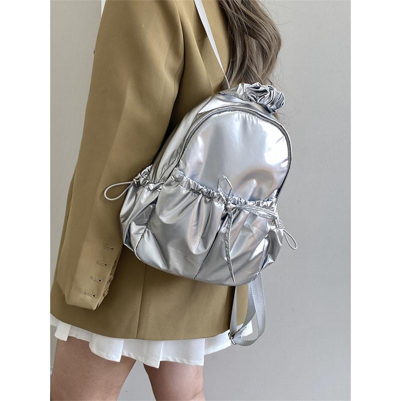 Ielgy Female Bag Korean Cool Girl Silver Pleated Backpack