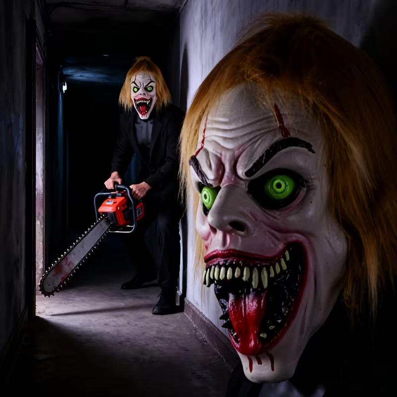 Yellow-haired clown latex mask with tongue sticking out One size fits all adults золотой