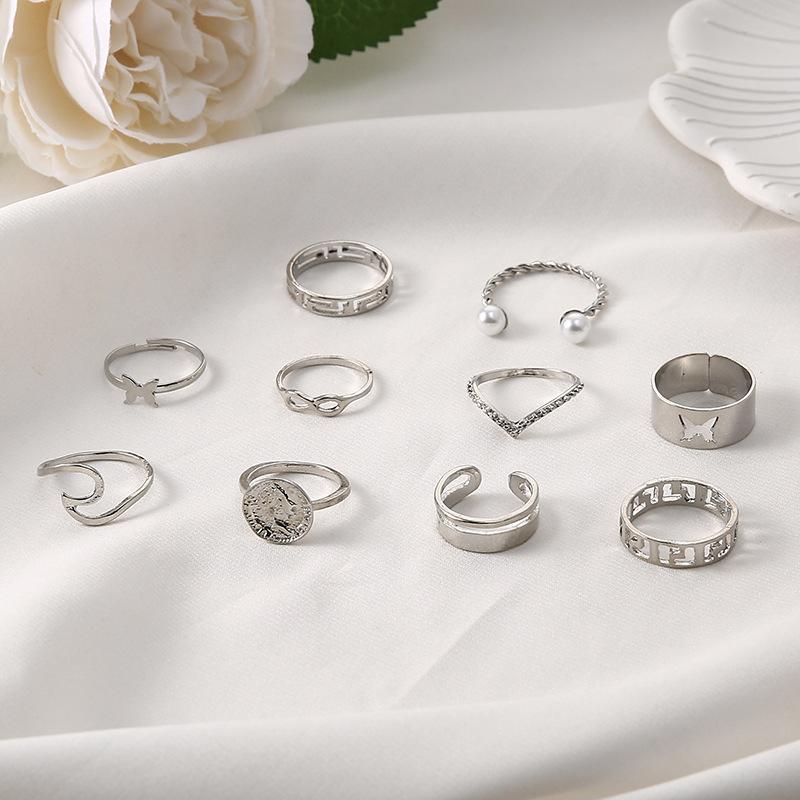 Ring, Wind Hollow Butterfly Fashion Pearl 10-Piece Set Ring Ring Ring