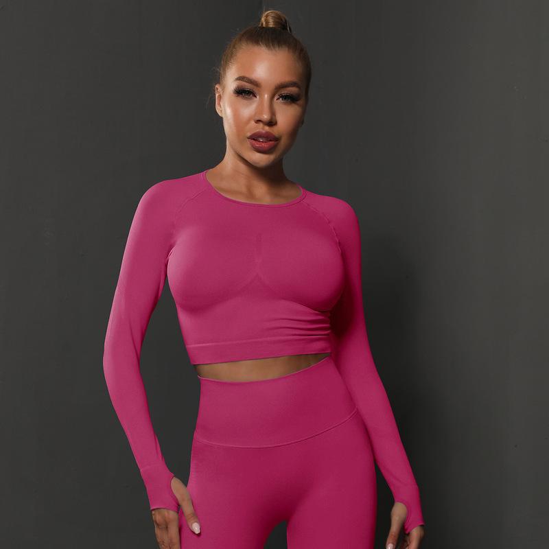 Seamless Tight Solid Color Pleated Sports Long Sleeved Top With High Elasticity, Breathability, Running, Fitness, Yoga Clothes For Women