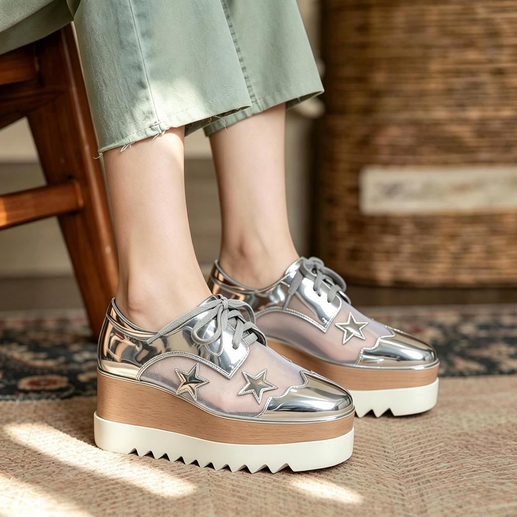 Korean 2025 Star Patent Leather Wedge Heels - Women's Stylish Thick-Soled Platform Shoes with Square Toe In Casual British Style