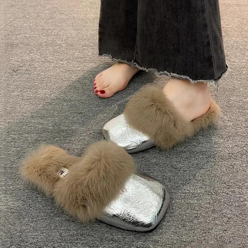 Fashion Women's Autumn/Winter Outdoor Wear New Style Flat Bottom Fur Slippers One Foot Drag No Heel Mule Fur Slippers Adult Simple