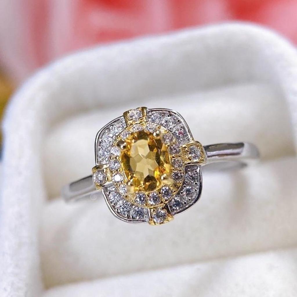 Court-Style Adjustable Citrine Ring with S925 Silver Inlay