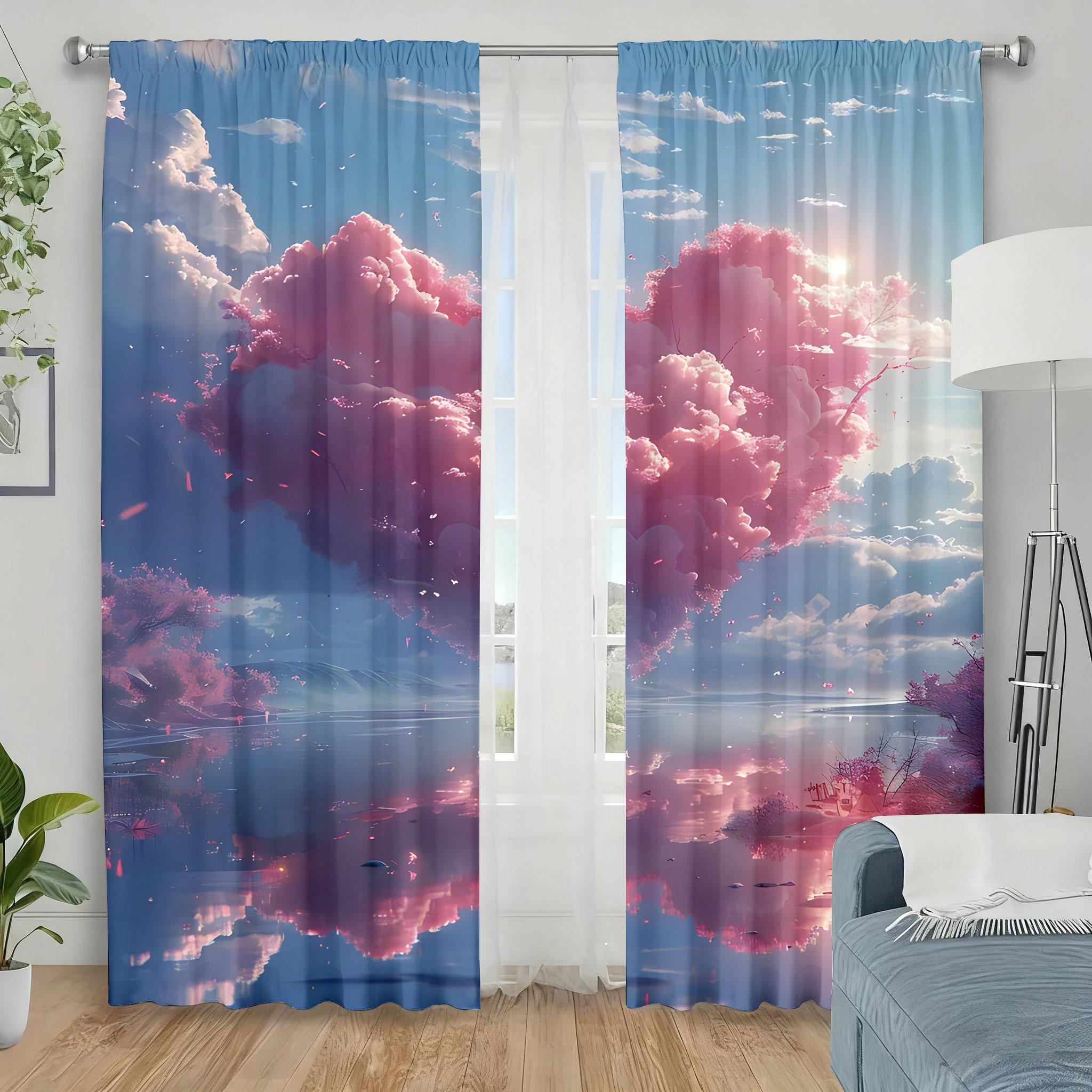 

2pcs Fenyun Lake Scenery Gradient Curtains Dreamy Healing Bedroom and Living Room Drawbar Pocket Decoration 100*130 Grommet Top 1pcs