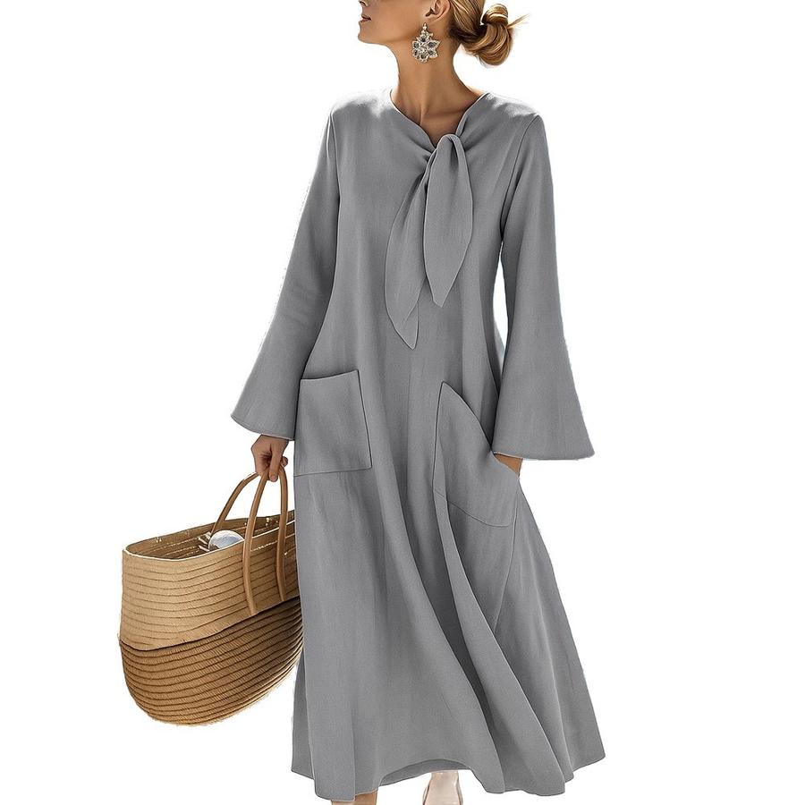 New Women's Casual Loose Fashion Solid Color Cotton Linen Crew Neck Long Sleeve Pocket Dress
