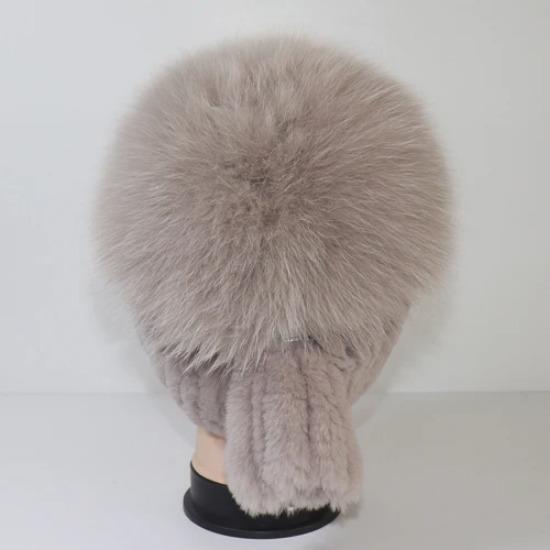 Winter Knitted Real Fox Fur Hat With Tail Women Warm Soft Real Rex Rabbit Fur Hats Natural Luxury Quality Genuine Fur Caps