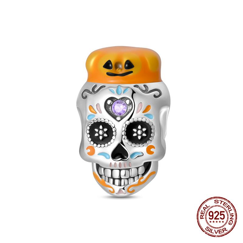 New 100% Copper Original Halloween Beaded Bat Black Skull Charms Fit Bracelet Diy Jewelry Making Women'S Gifts