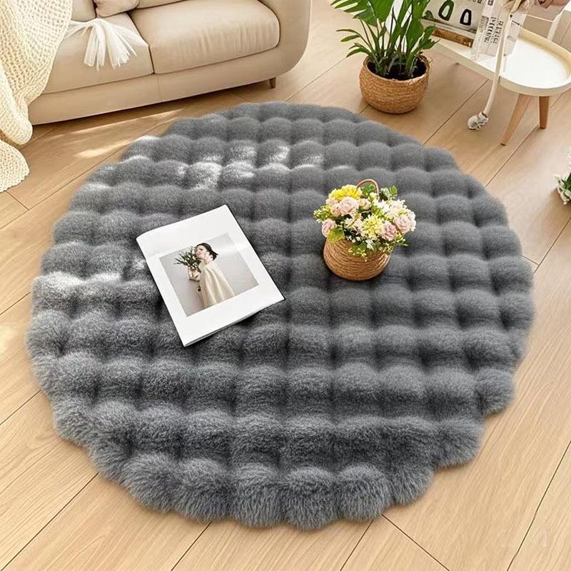 Cream Bubble Velvet Round Rug - Minimalist Style, Perfect for Living Room Coffee Table or Bedroom, Rabbit Plush Texture.