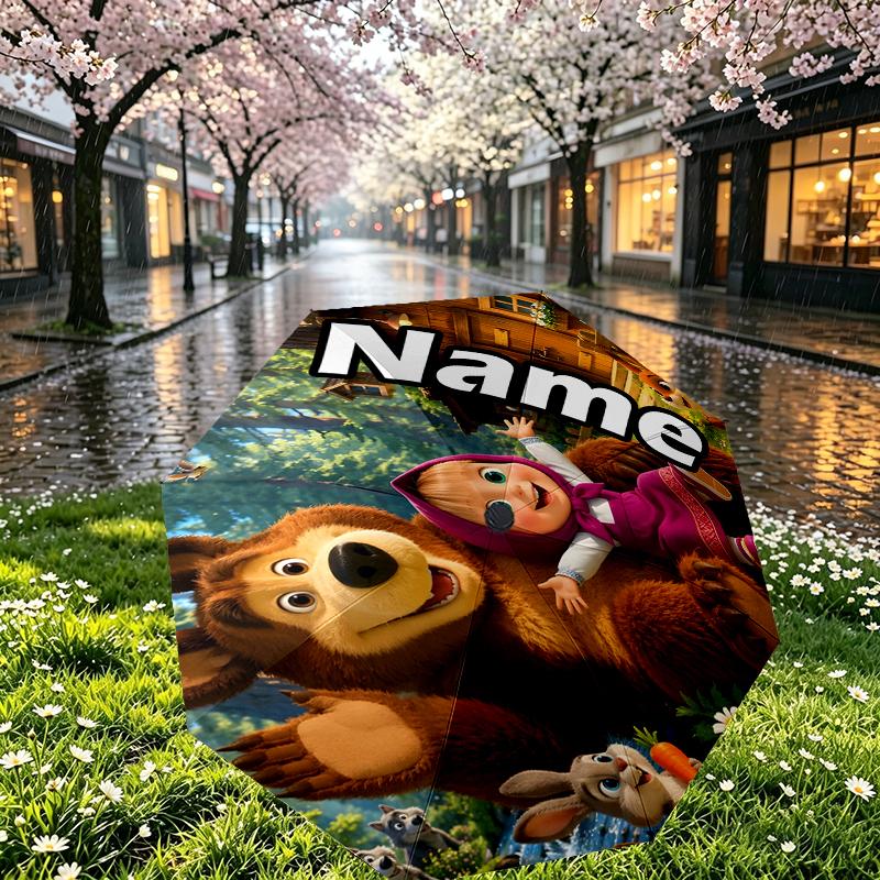 Custom Name Personalized Masha and The Bear Print Umbrella, Auto Open Close, 8‑Rib Sturdy Frame, Commute Camping Hiking Use, Birthday Gift