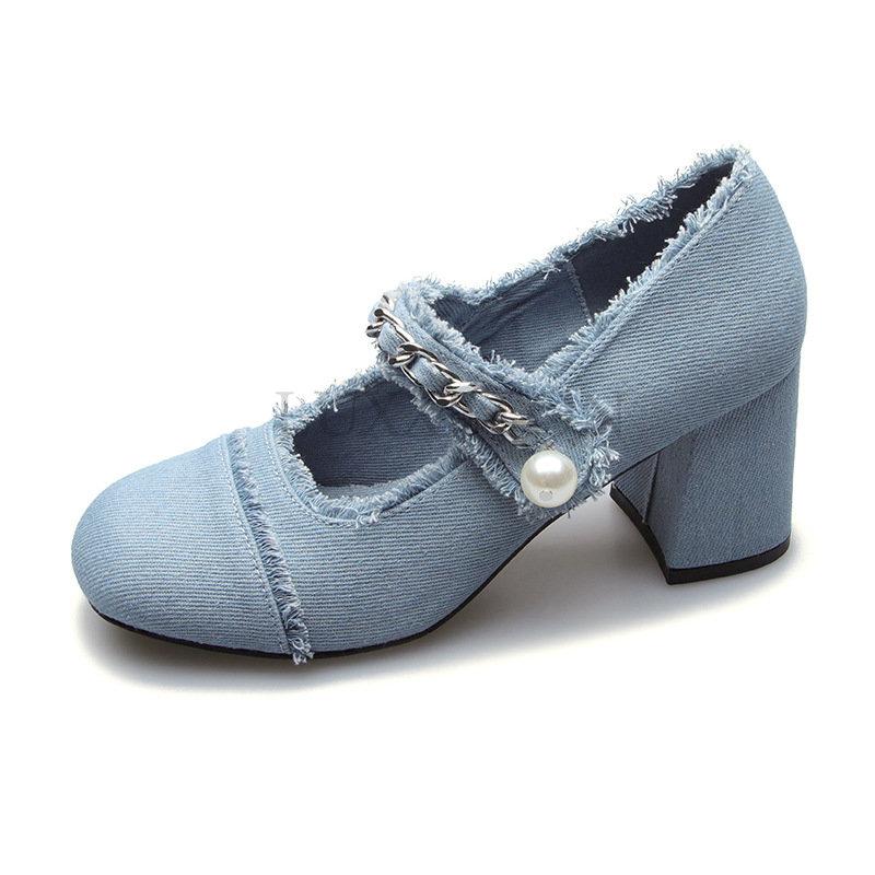 Women's Vintage Chunky High Heels Woman Sandals Back Strap Denim Heels Summer Shoes Designer High Heel Shoes For Women