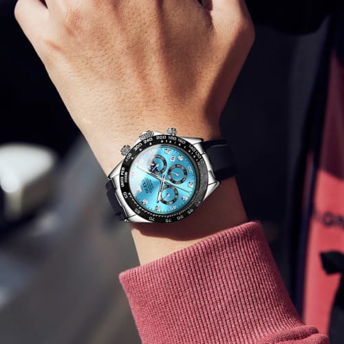 OLEVS Stylish Men's Watch Easy to Read Sports Popular Fashion Brand Japan Quartz Silicone Belt Chronograph Men's Watch Date Waterproof Business Blue A