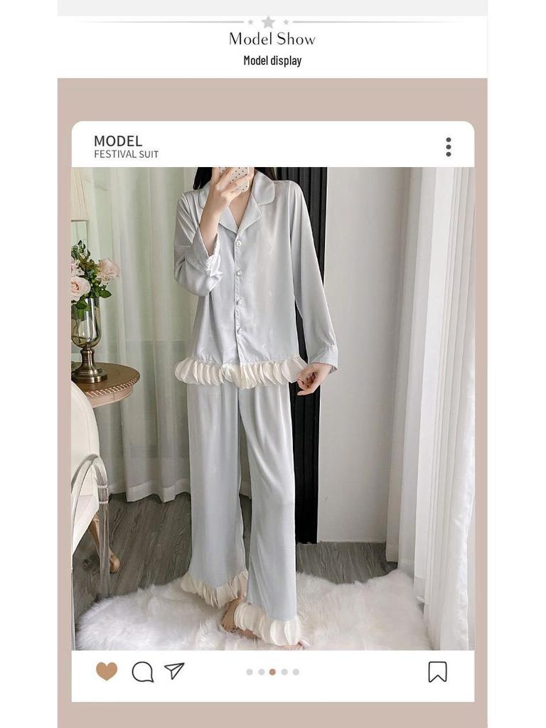 Ice Silk Pajama Set - Women's Long Sleeve & Pants with Lace, Sweet Style, Wearable Outdoors, 2025 Collection