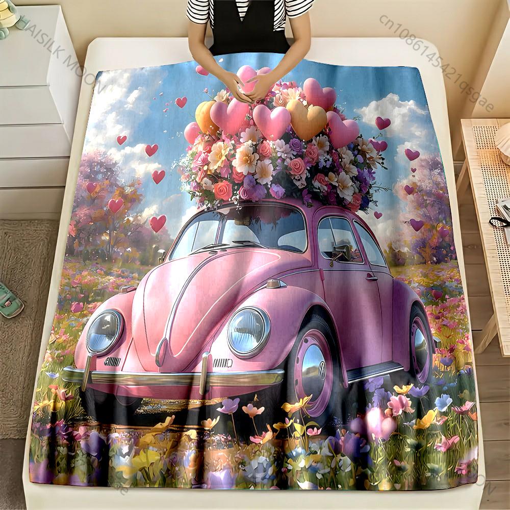 

1PC Hearts and Floral Bouquet Car Pattern Blanket Flannel Material Soft Warm for All Seasons, Home Outdoor Camping Picnics RV 75x90cm