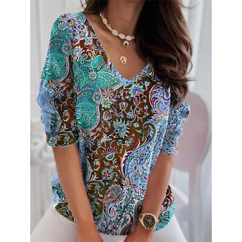Women's T shirt Tee Graphic Daily Weekend Red Blue Purple Print Long Sleeve Fashion V Neck Regular Fit Spring &  Fall