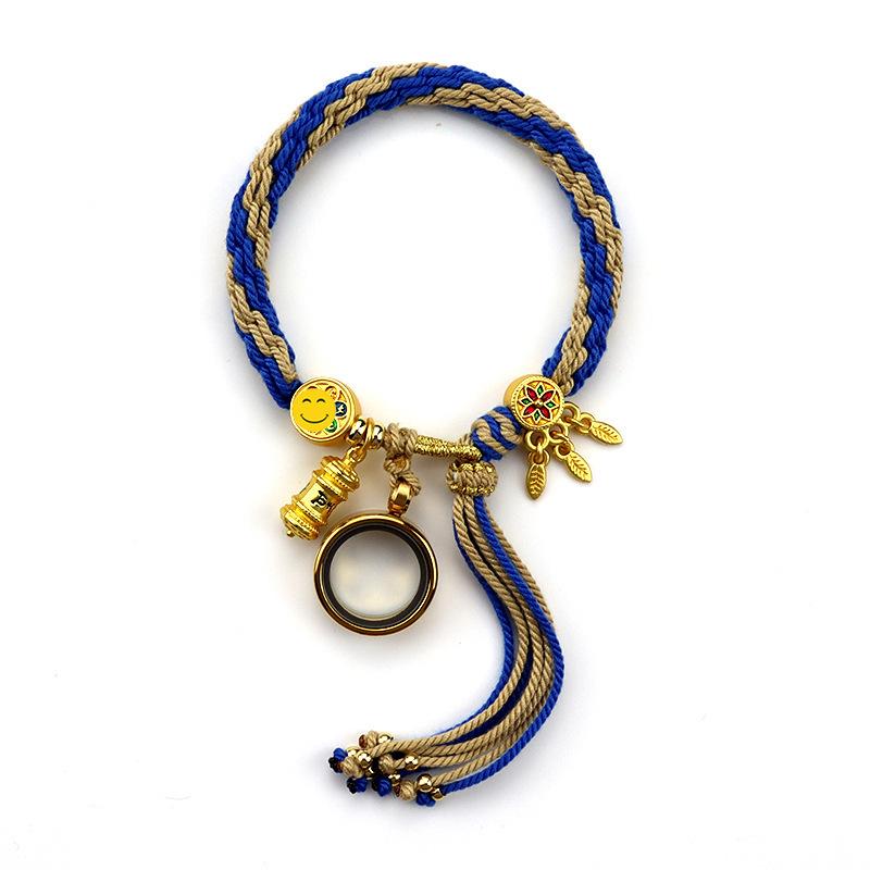 Woven Zhakiram Five Wealth Gods Eye Bracelet with Green Tara and Manjushri Thangka Design