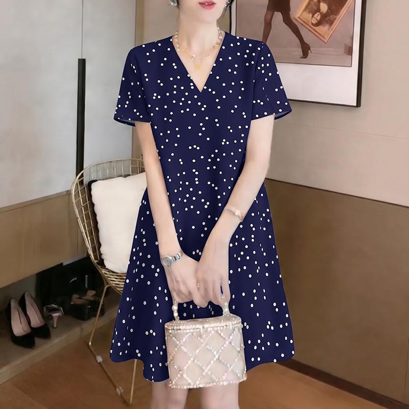 ZANZEA Women Polka Dot Print Casual V-Neck Short Sleeve Dress S тёмно-синий
