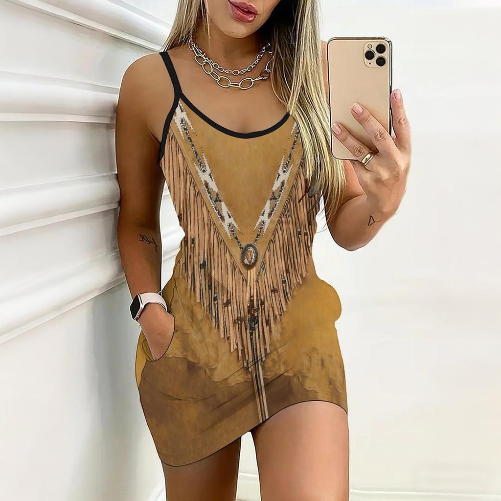 Summer New Heart Shape and Retro  Patterns  Print Sleeveless Bodycon Dress with Pockets Sexy Slim Fit Elegant Party Dress