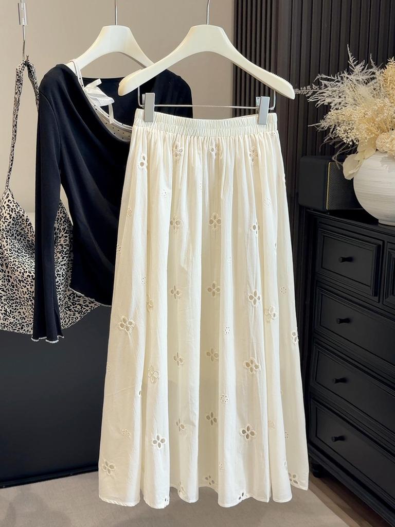 2026 Spring White Elegant Embroidered Midi Skirt: Women's High Waist Hollow Flower Draping Design