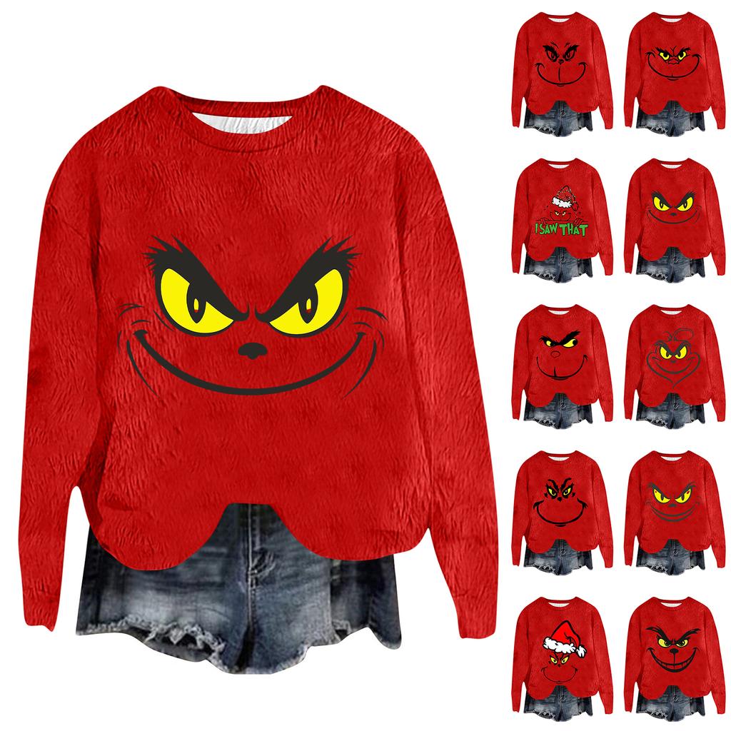 Women's Fashion Round Neck Pullover Top Long Sleeve Tee Christmas Printed Sweatshirt