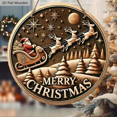 Classic Santa Claus Wooden Christmas Sign - Navidad Round Sign for Yard Door Wall Hanging Decor - Ideal Christmas Decoration