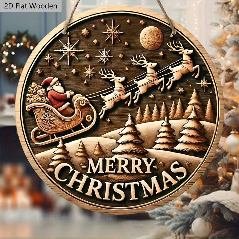 Panneau de Noël Classique en Bois Père Noël - Panneau Rond Navidad pour Décoration de Cour Porte Murale - Décoration de Noël Idéale